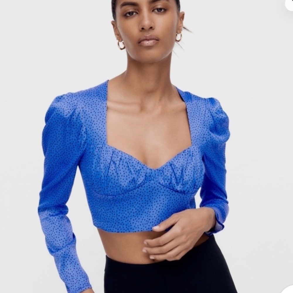 Zara Blue Polka Dot Satin Effect Long Sleeve Crop Top Size Medium